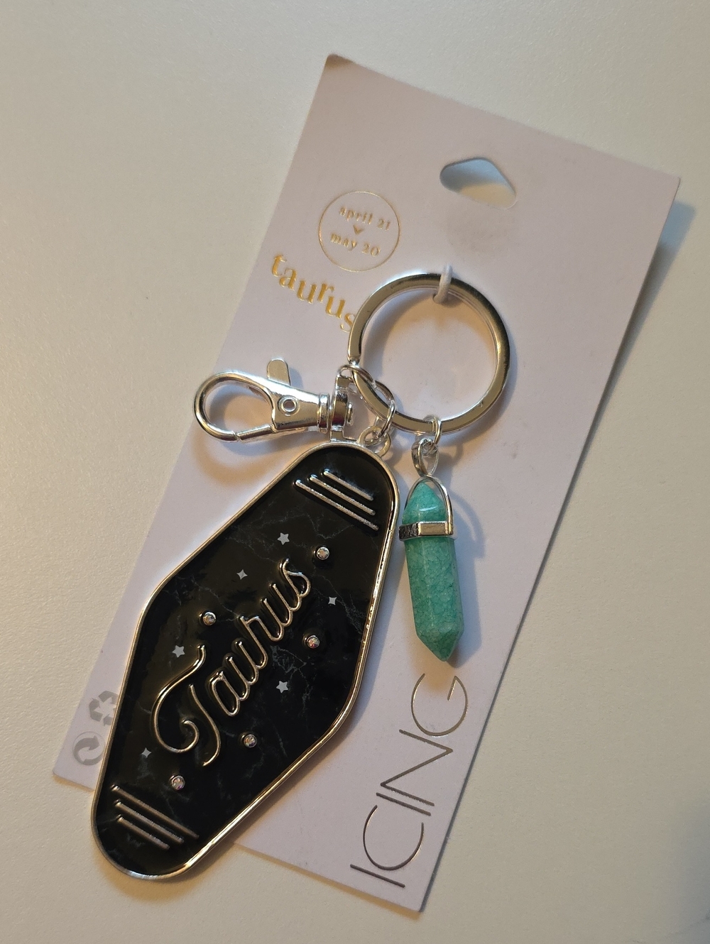 Hotel Keychain Taurus Black Marble Silver with Aqua Crystal Accent - NWT